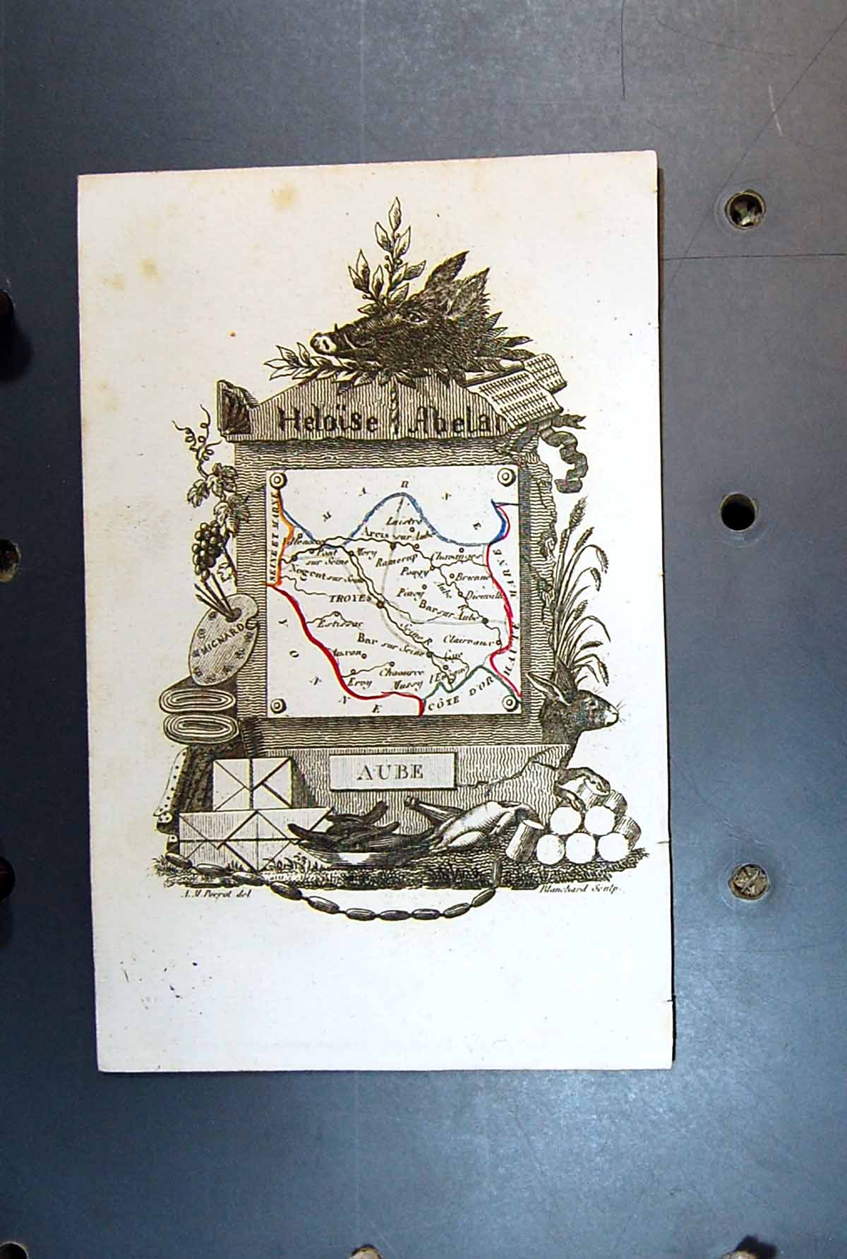 Original Old Antique Print Map Aube Troyes Mignard