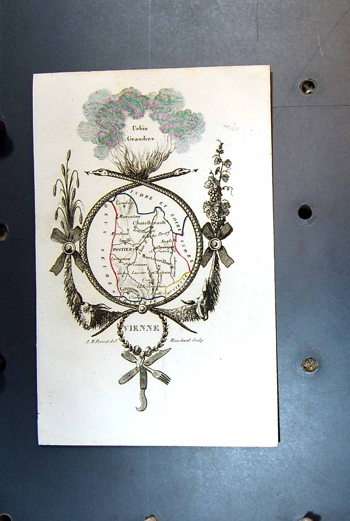 Original Old Antique Print Map Vienne Poitiers
