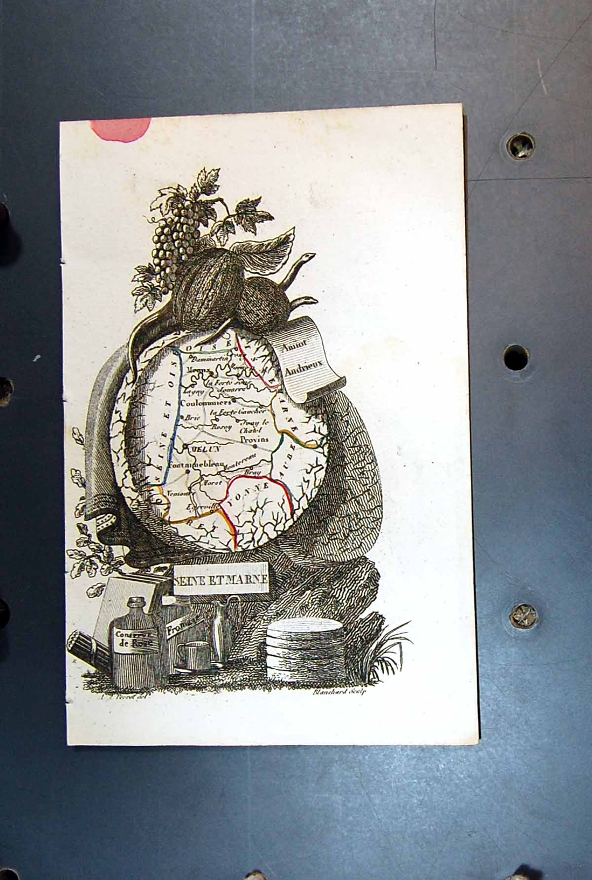 Original Old Antique Print Map Seine Marne Uelun France
