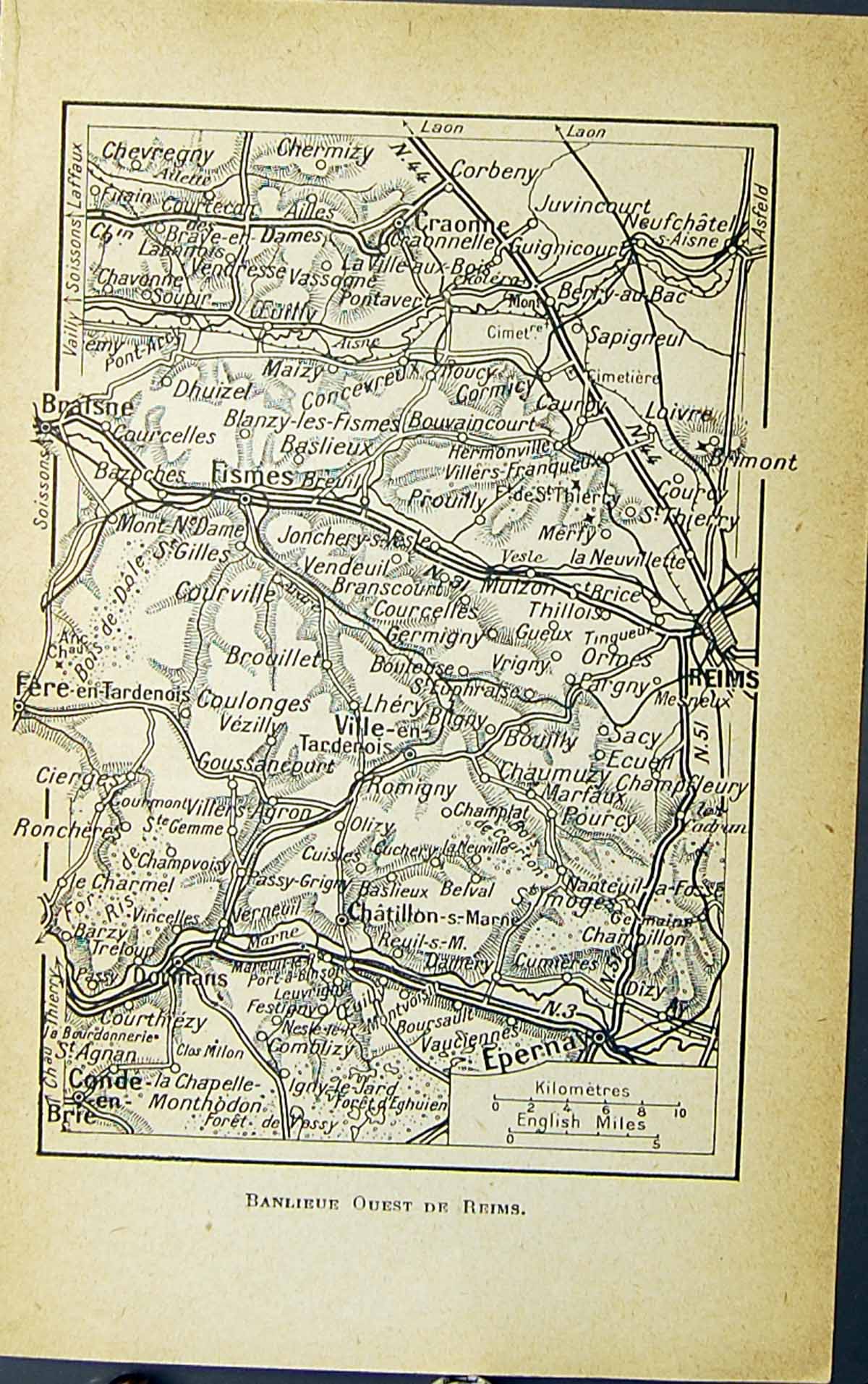 Original Old Antique Print Map Braisne Banlieue Reims Epernay