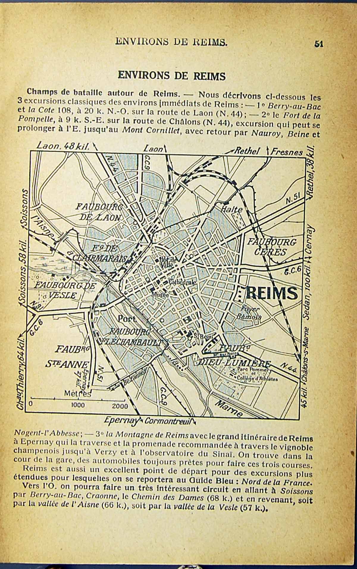 Original Old Antique Print Map Reims Street Plan Port River Marne