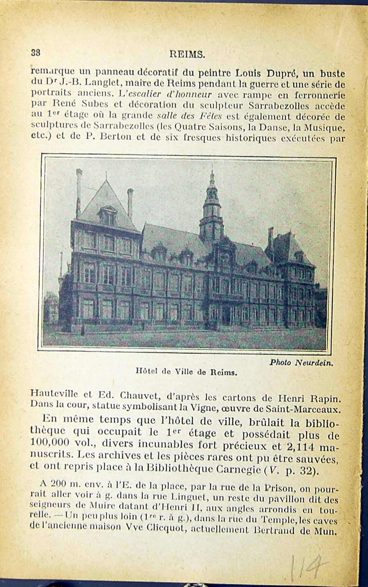 Old Print Architecture Building Reims Hotel De Ville Maison Natale Salle