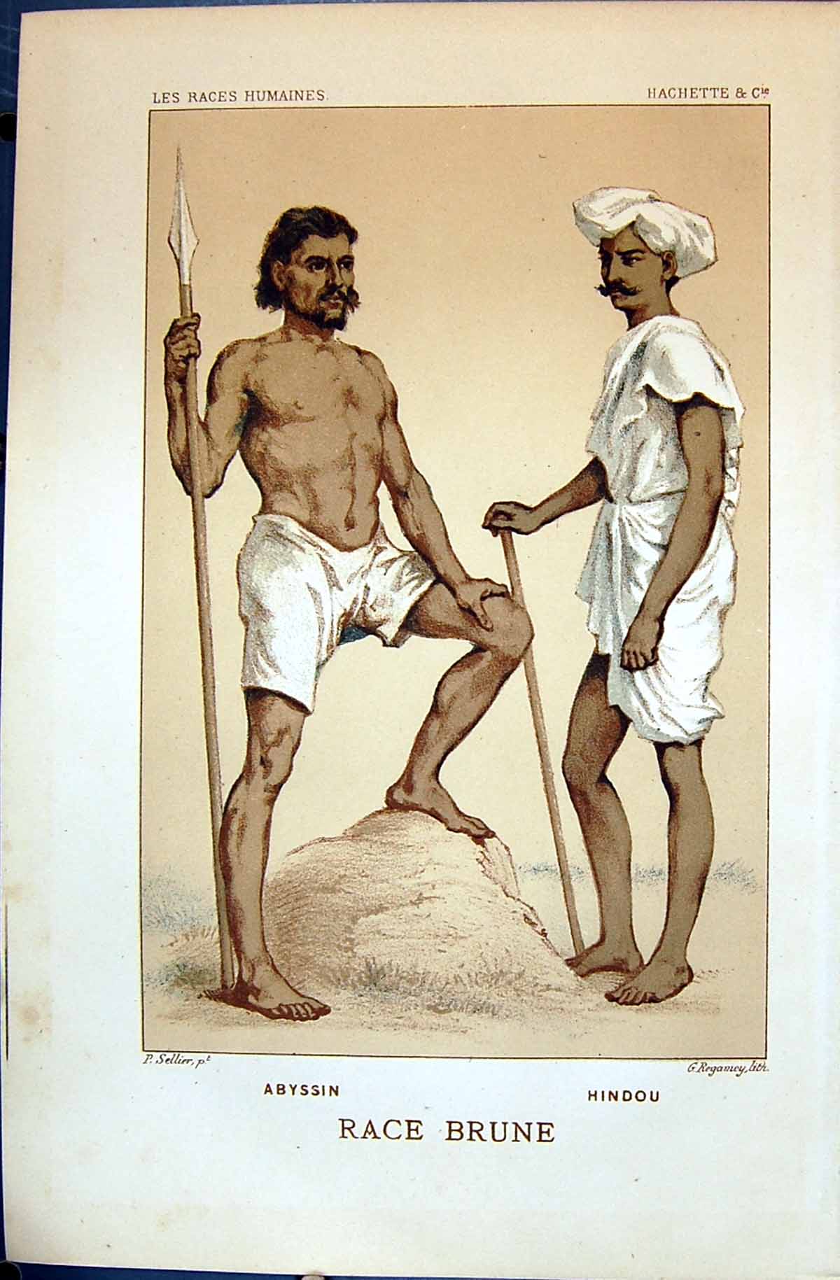 Old Antique Print Abyssin Hindou Brune 1880 Races Humaines Figuier Colour 19th