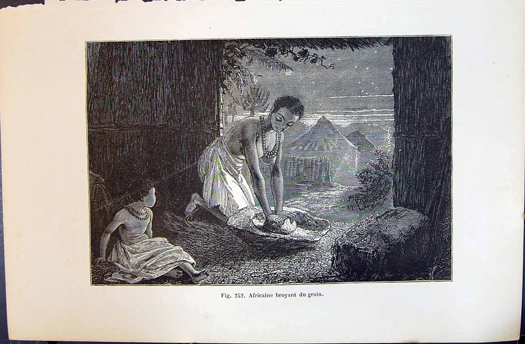 Old 1880 Human Races Humaines Figuier Africaine Broyant Du Grain Afri Victorian