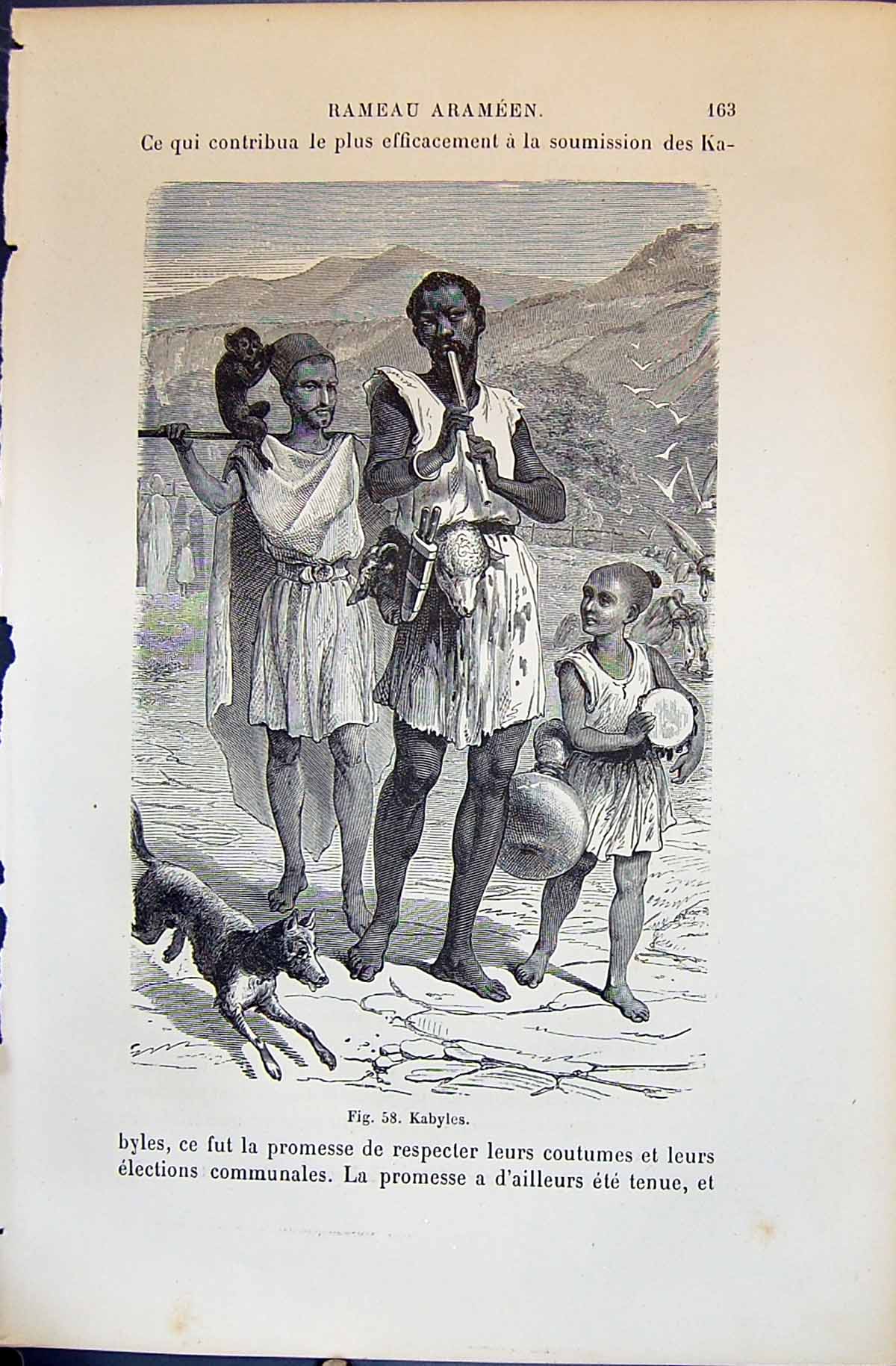 Antique Old Print Kabyles Music Instruments 1880 Human Races Humaines Figuier