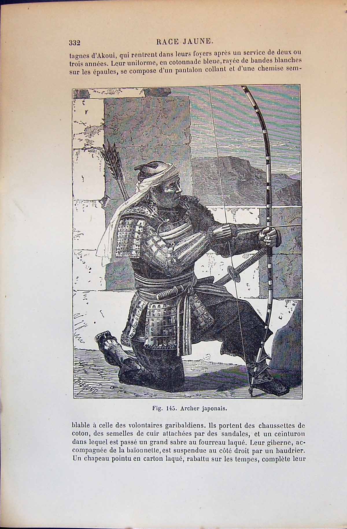 Old Print Archer Japonais Man Bow Arrow 1880 Human Races Humaines Figuier 19th