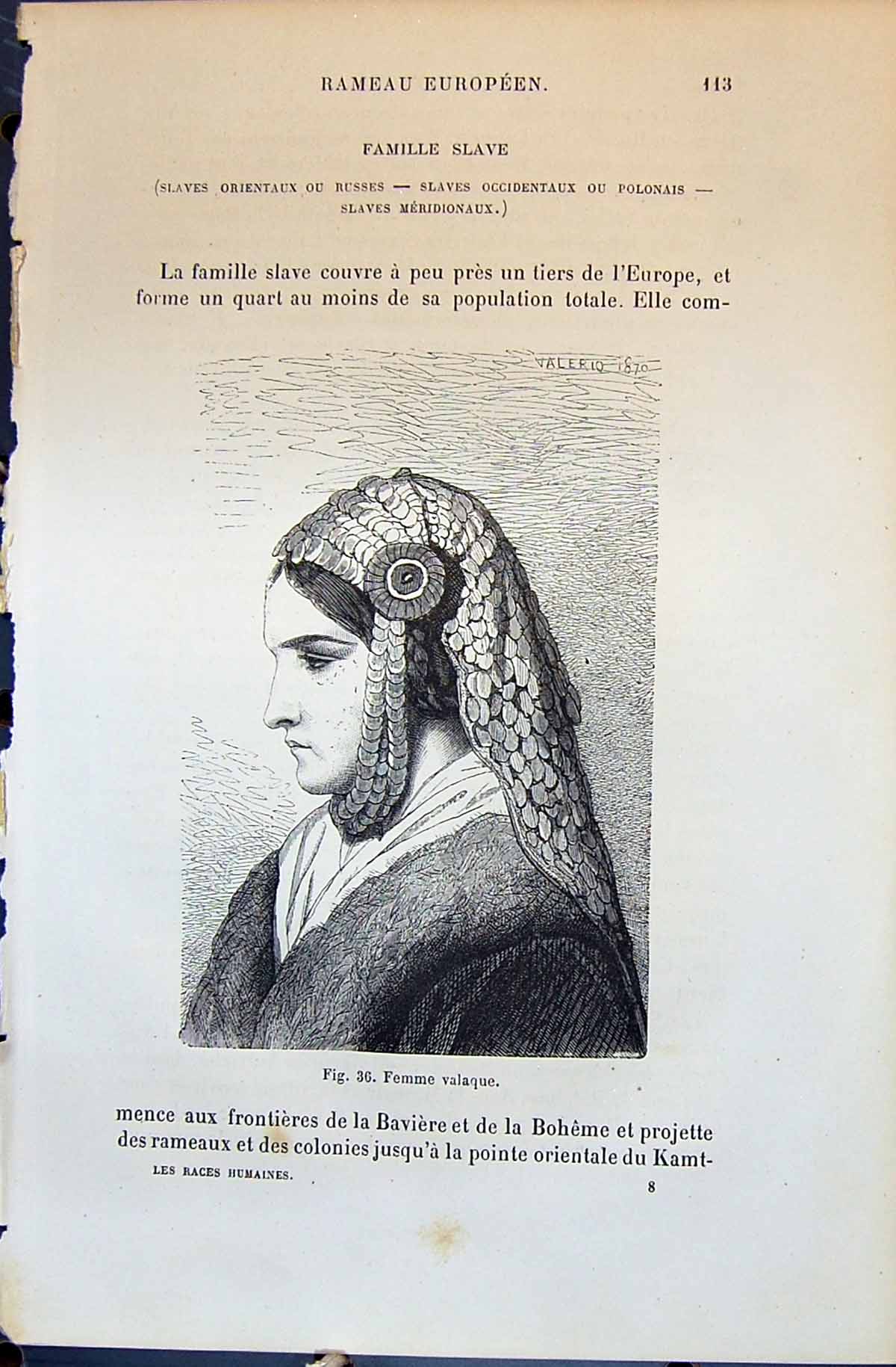 Old Print Femme Valaque Beautiful Woman 1880 Human Races Humaines Figuier 19th