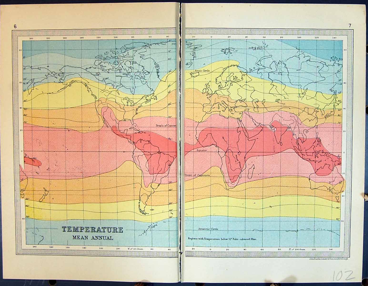 Original Old Vintage Print 1931 Dent Colour Map Mean Annual Temperature World