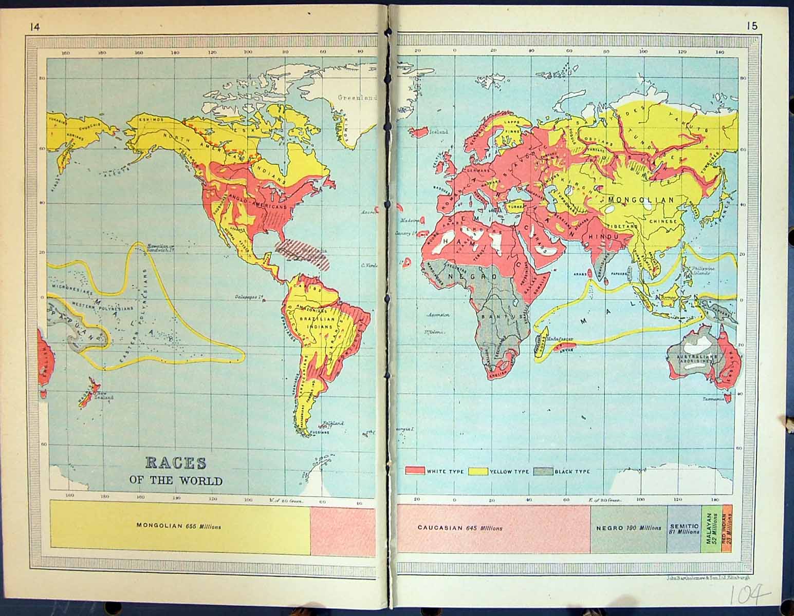 Old 1931 Dent Map Races Religions World Indians Christians Mongolian 20th