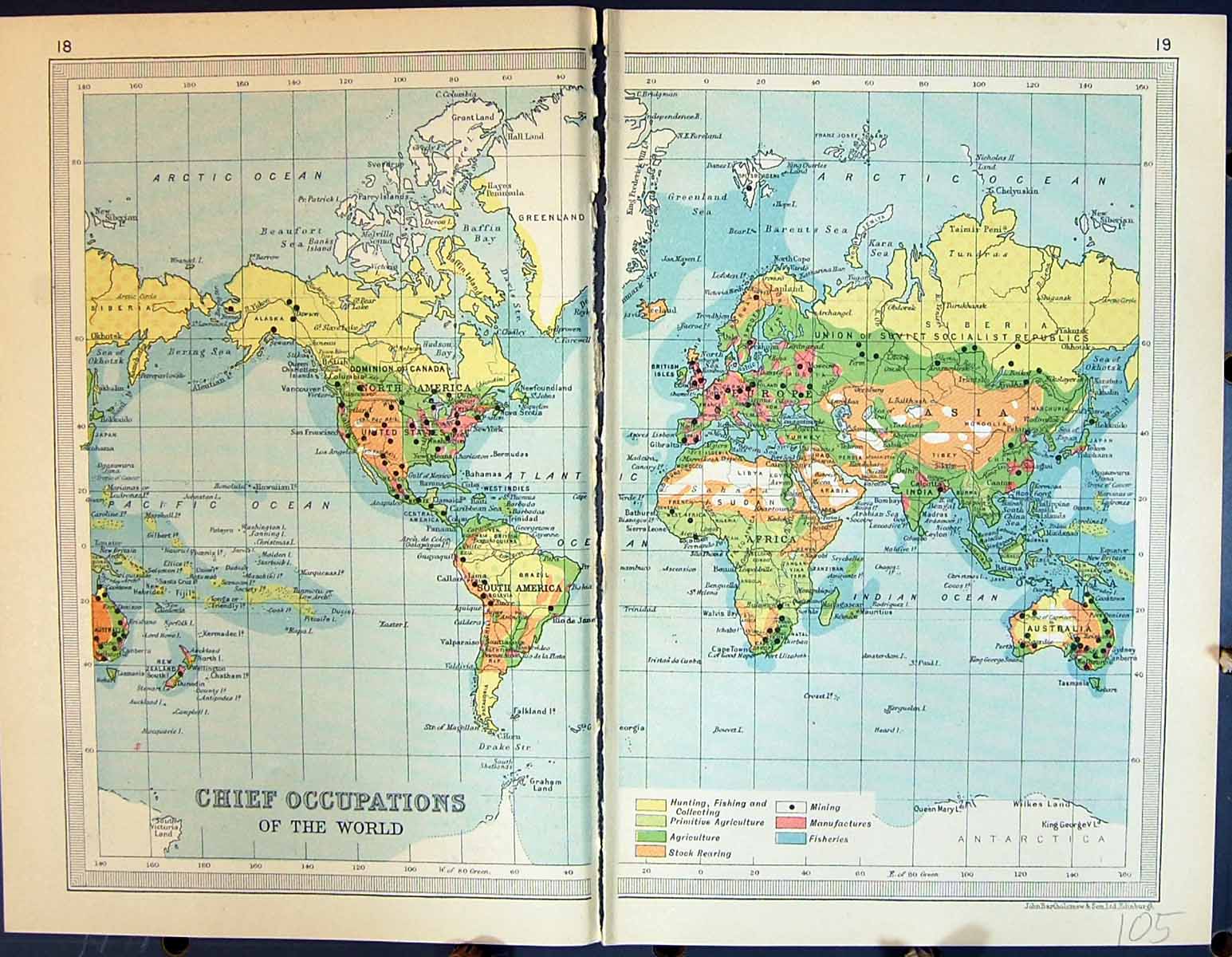 Antique Old Print 1931 Dent Map Chief Occupations World Languages Commerce 20th