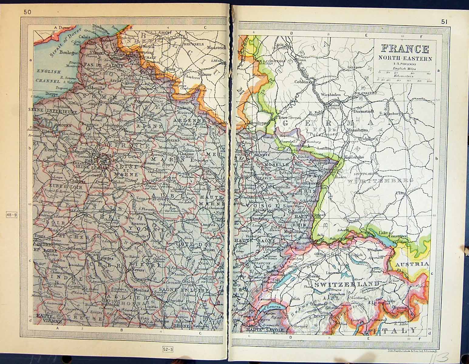 Old Print 1931 Dent Map North Eastern France Vosges Paris Loire Ardennes 20th