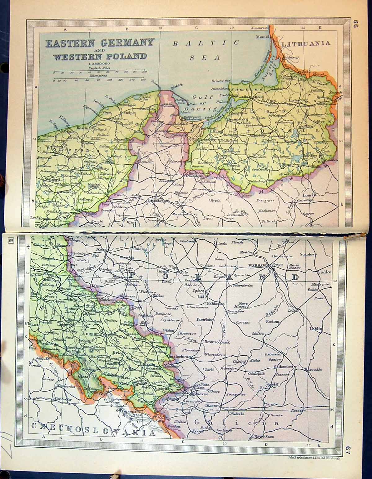 Old Print 1931 Dent Map Eastern Germany Western Poland Breslau Baltic Sea 20th