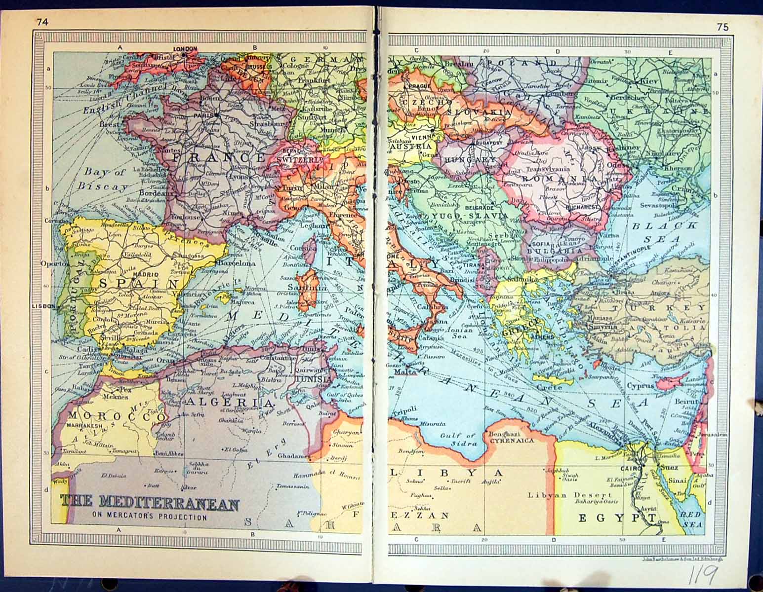 Old 1931 Dent Map Mediterranean Spain France Bay Biscay Turkey Hungar 20th
