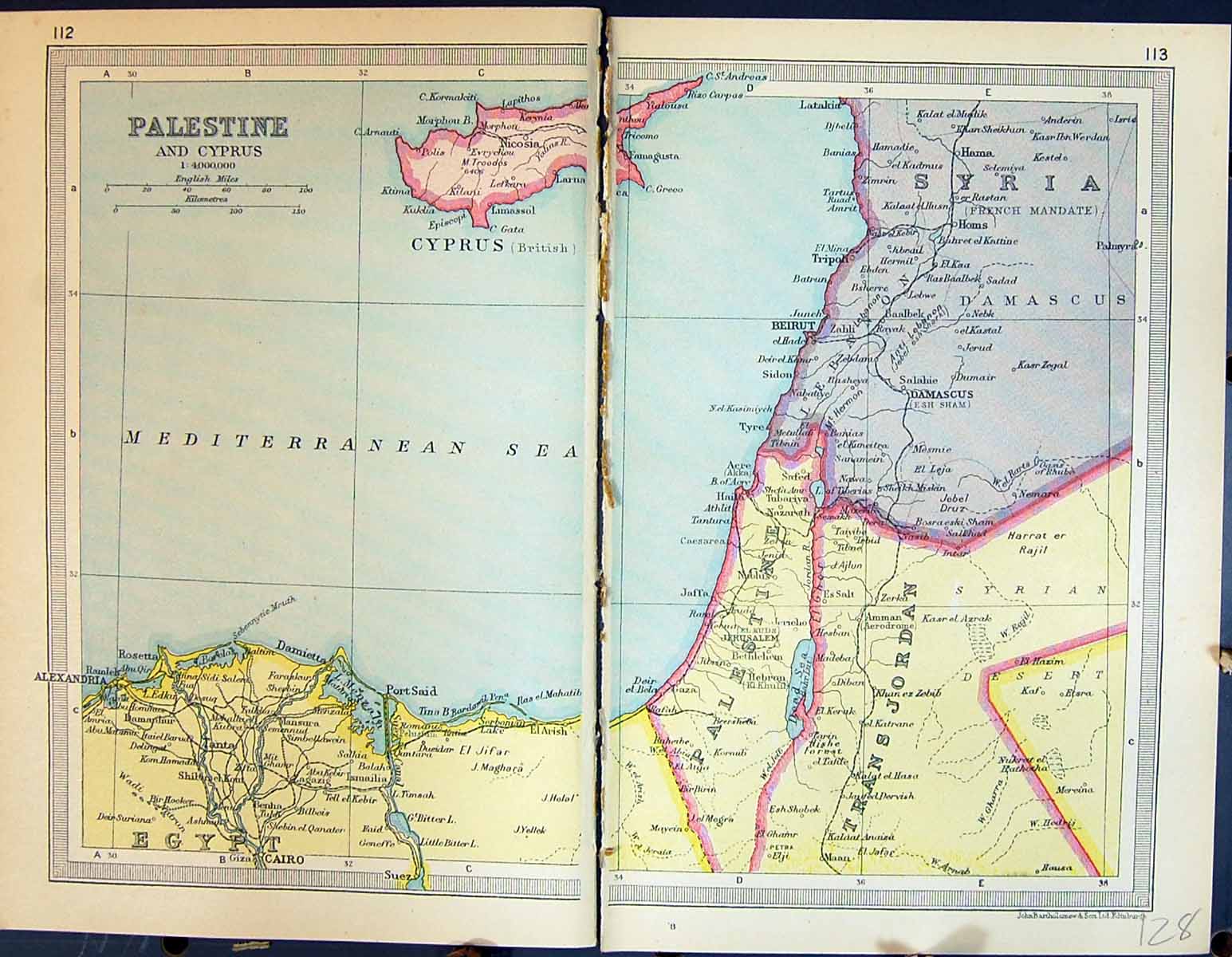 Antique Old Print 1931 Dent Map Palestine Cyprus Trans Jordan Damascus Beirut