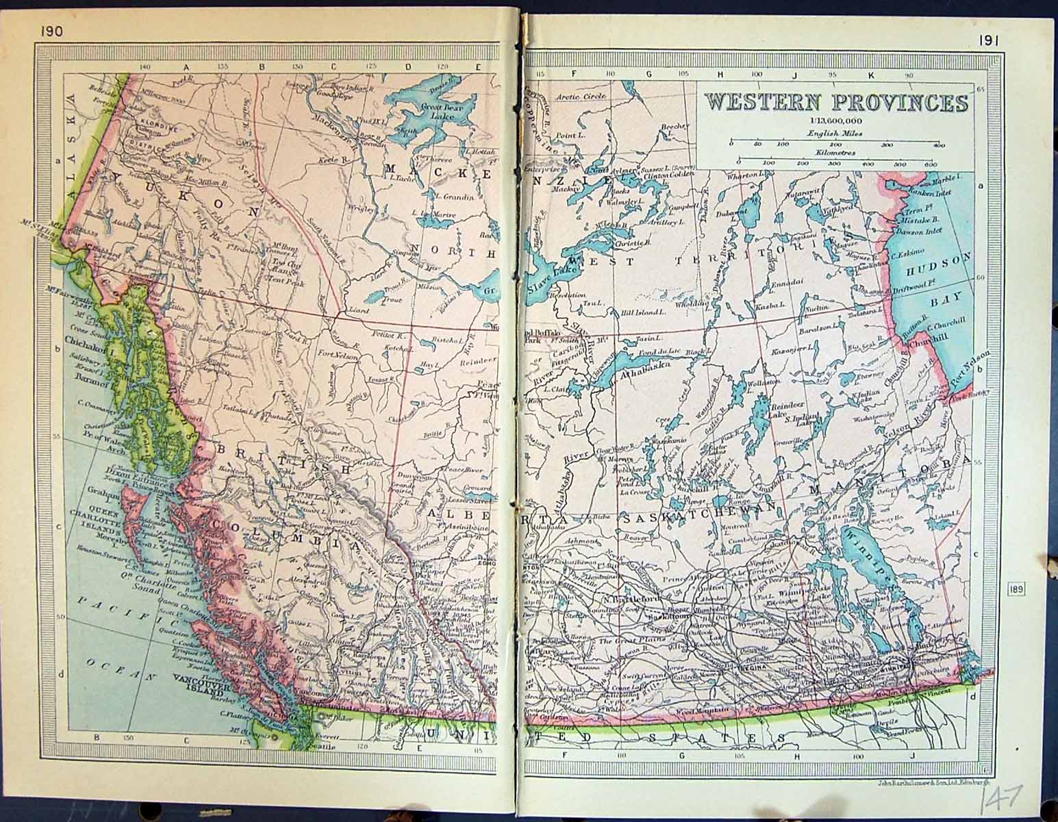 Old Print 1931 Dent Map Western Provinces Saskatchewan Manitoba Vancouver 20th