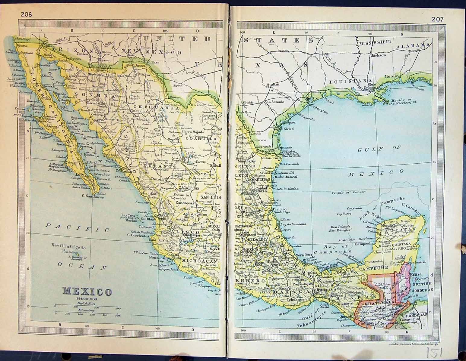 Old Print 1931 Dent Map Mexico California Sonora Guatemala North America 20th