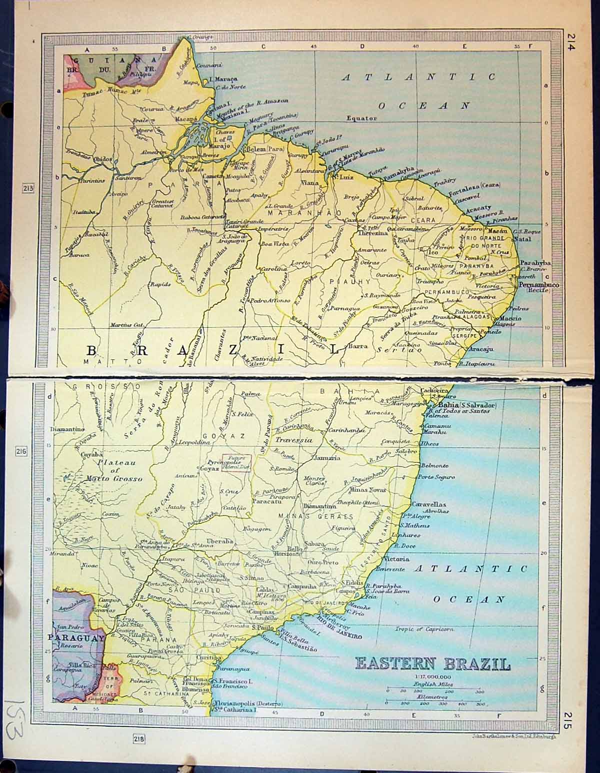 Old Print 1931 Dent Map Eastern Brazil South America Paraguay Pernambuco 20th