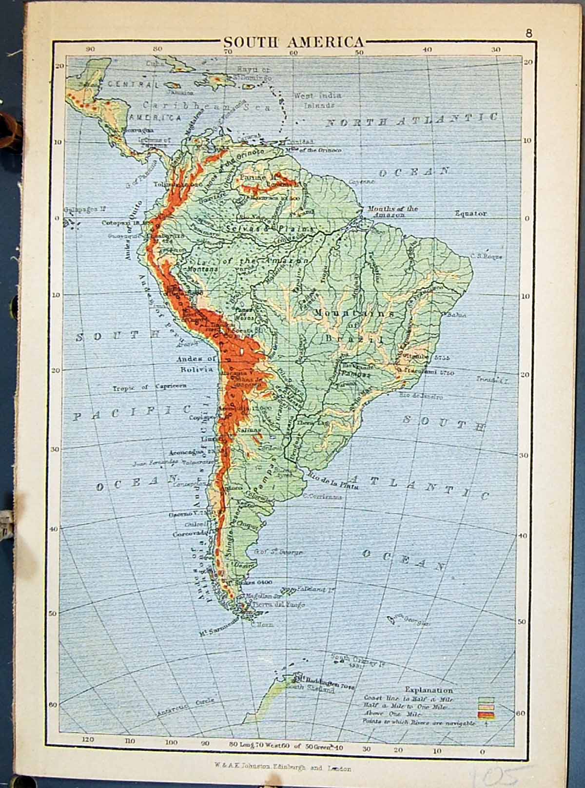 Antique Print Johnston Map South America Brazil Falkland Africa Madagascar