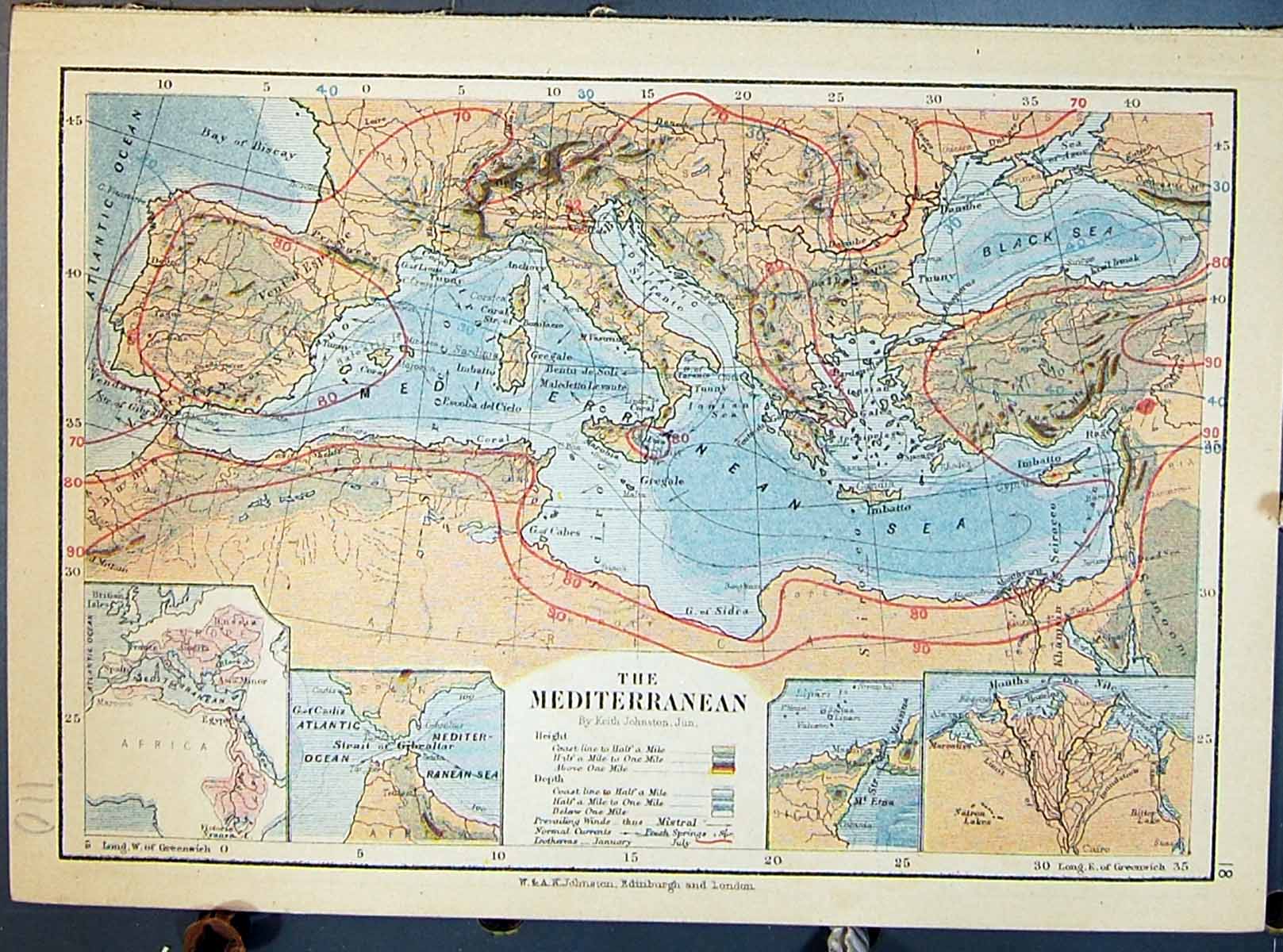 Old Johnston Map Mediterranean France Italy Black Sea Rivers Scotland