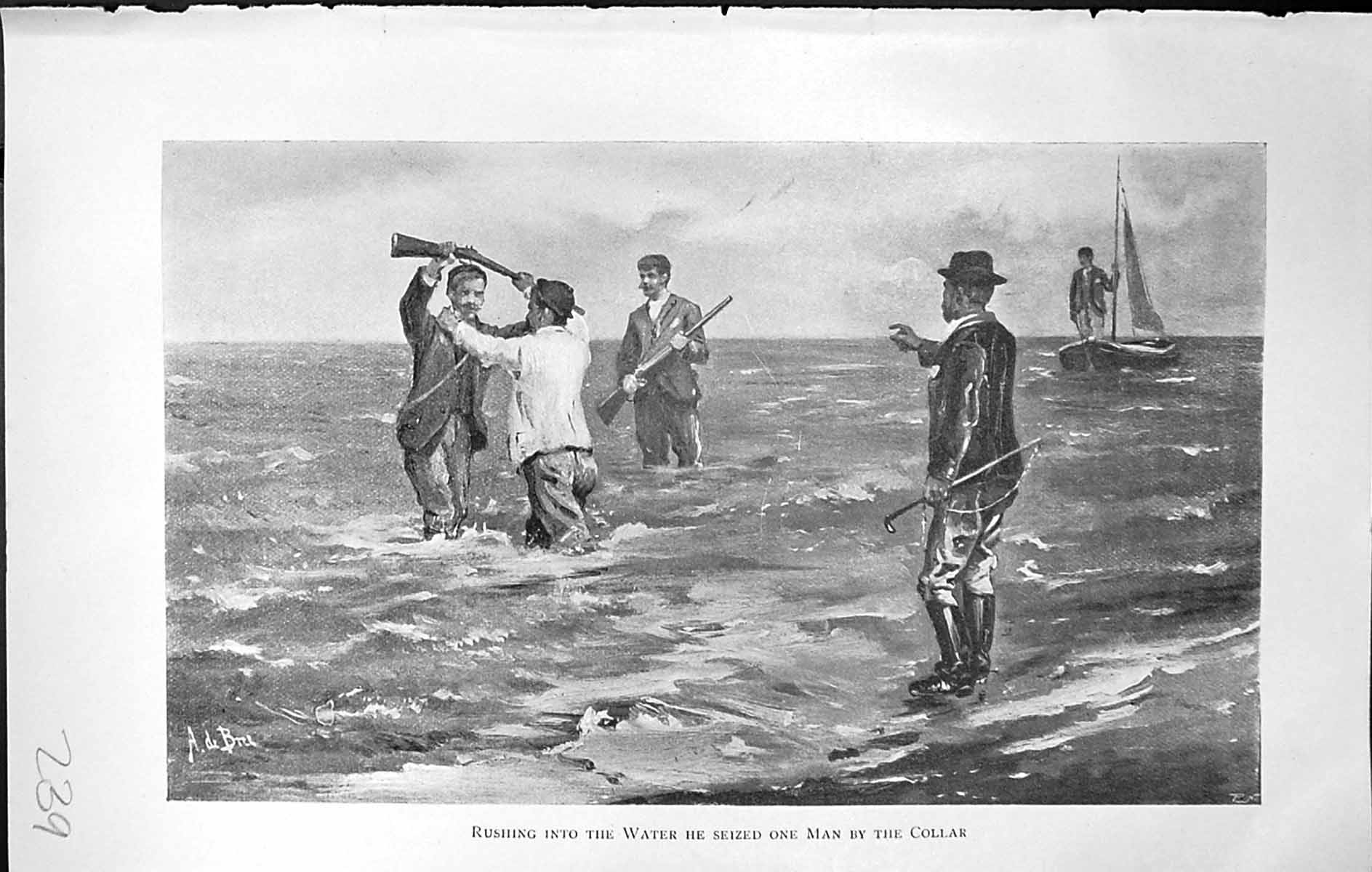 Antique Old Print Badminton Magazine 1903 Men Rushing Sea Fighting Guns Boat