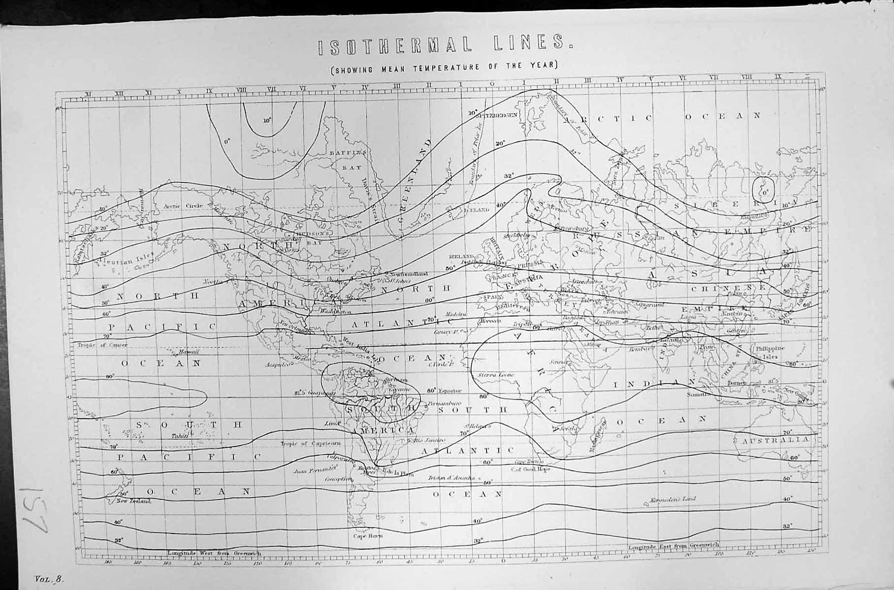Old Mackenzie C1880 Science Isothermal Lines Mean Temperature World M Victorian