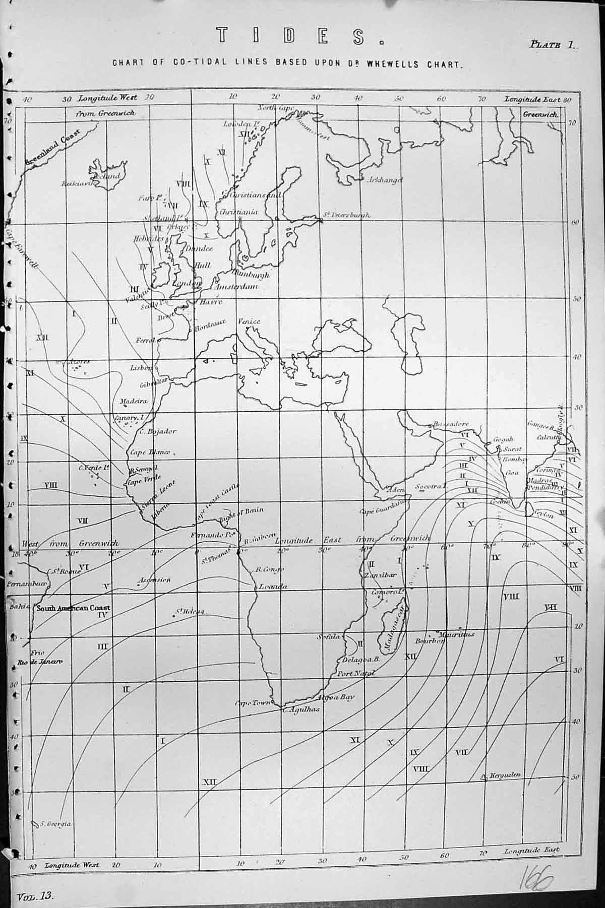 Old Mackenzie C1880 Science Tides Chart Co-Tidal Lines Dr. Whewells E Victorian