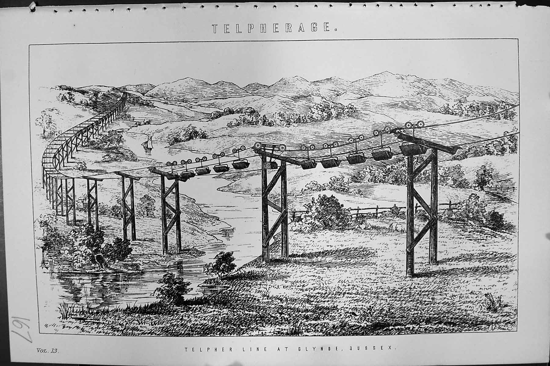 Antique Print Mackenzie C1880 Science Telpherage Telpher Line Glynde Sussex