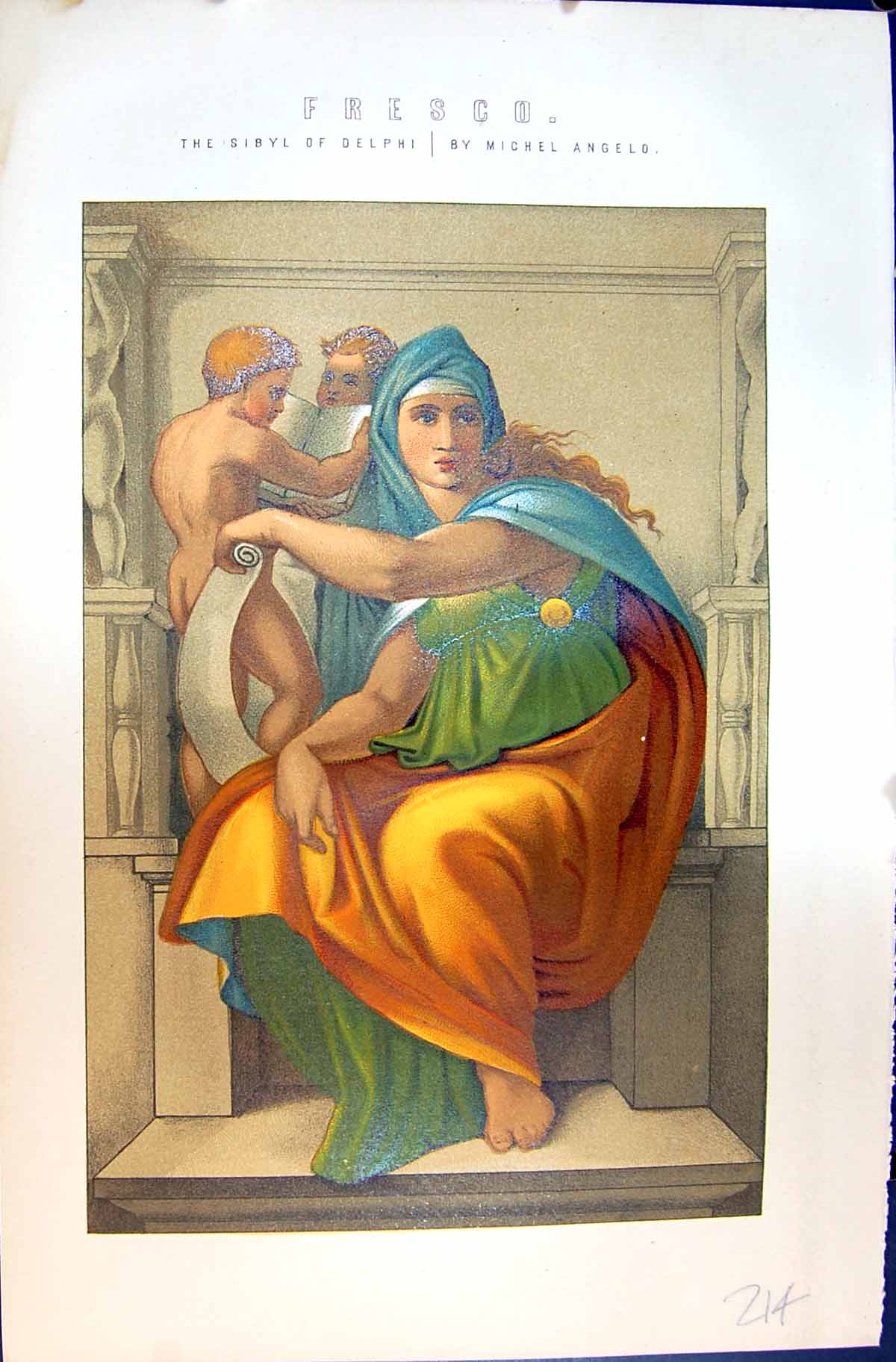 Antique Old Print Mackenzie C1880 Colour Fresco Sibyl Delphi Michel Angelo 19th