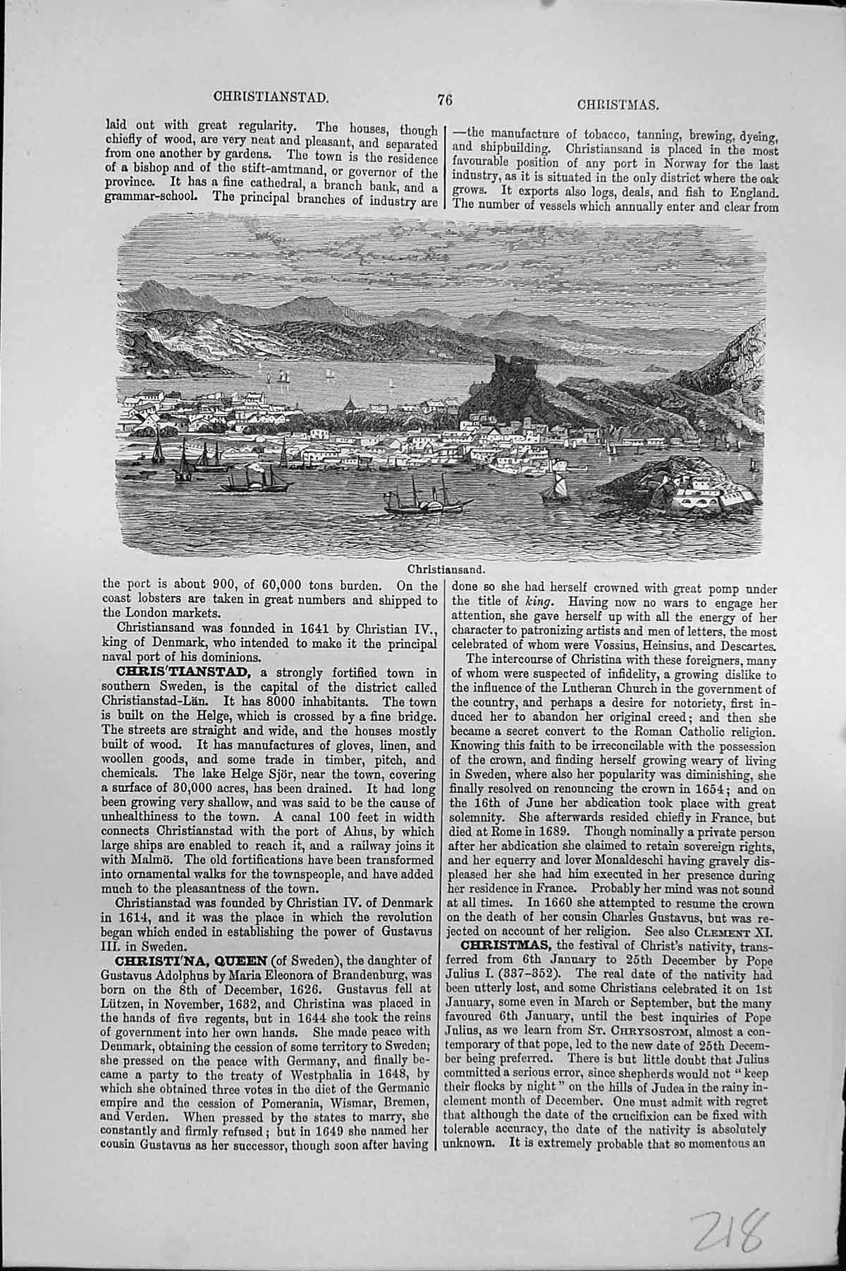 Original Old Antique Print Mackenzie C1880 View Christiansand Mountains Ship