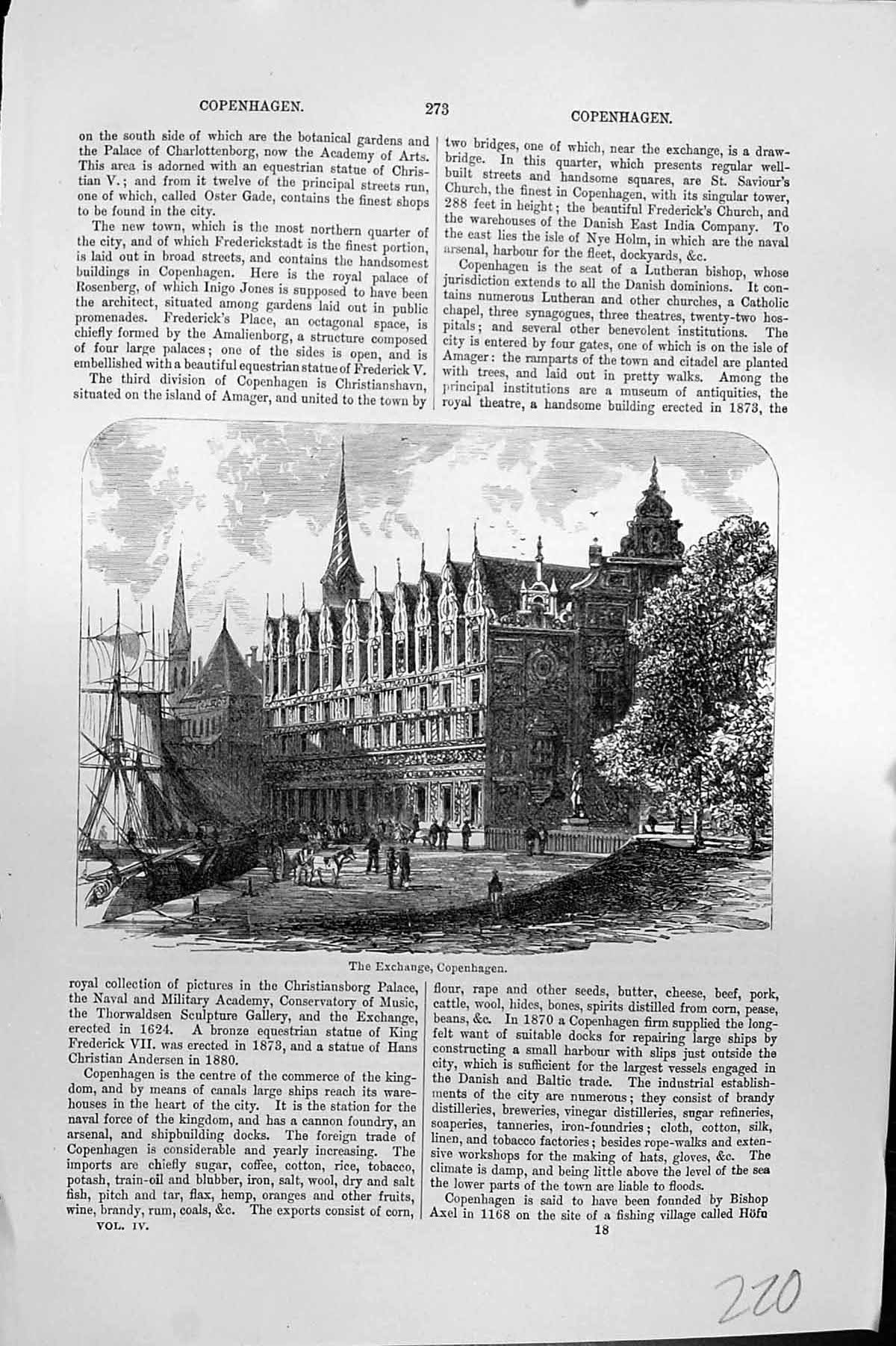 Antique Old Print Exterior Exchange Copenhagen Architecture Mackenzie C1880