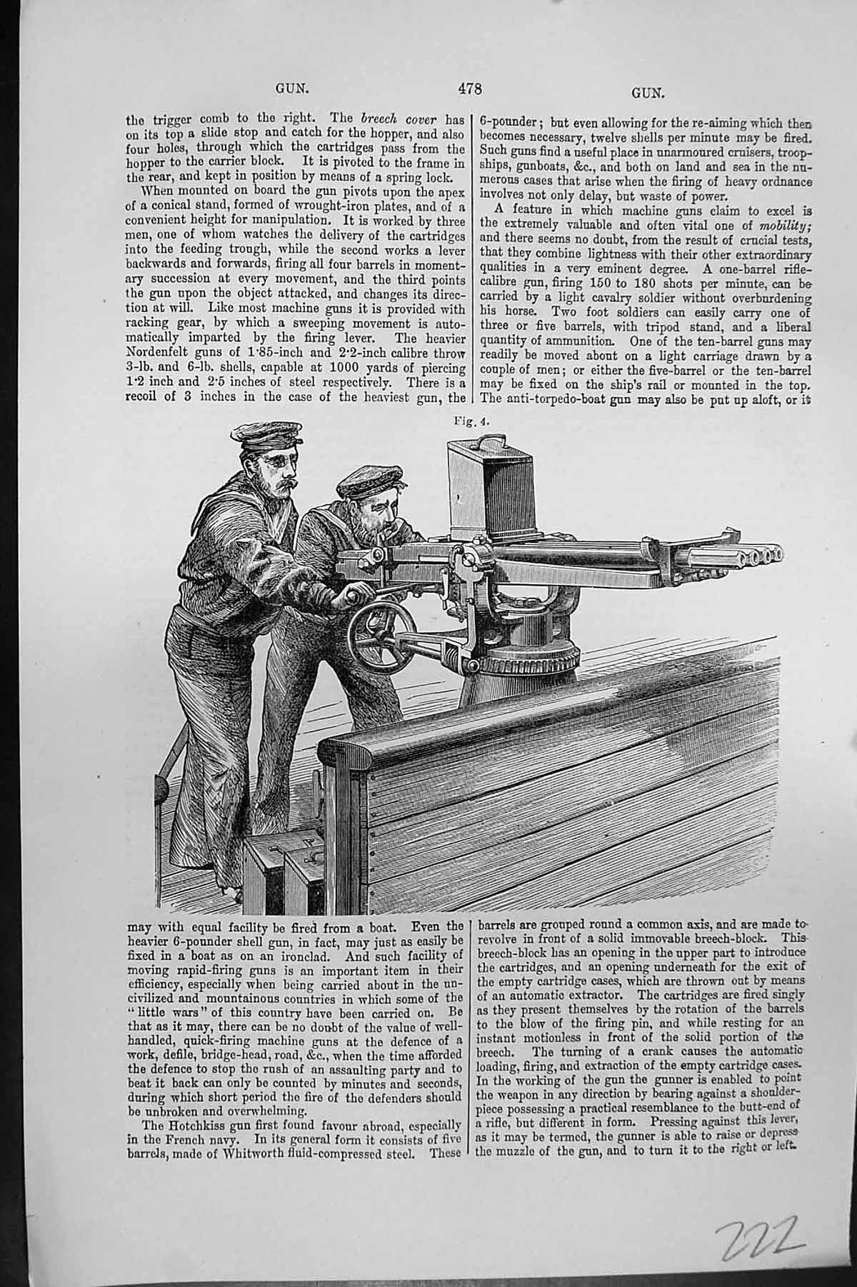 Original Old Antique Print War Machine Gun Navy Sailors Mackenzie C1880 19th