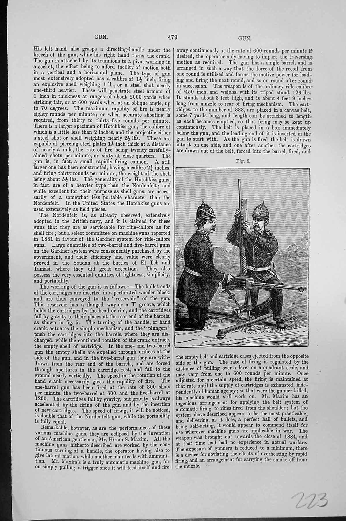 Original Old Antique Print Mackenzie C1880 Police Ficers Machine Gune Weapons