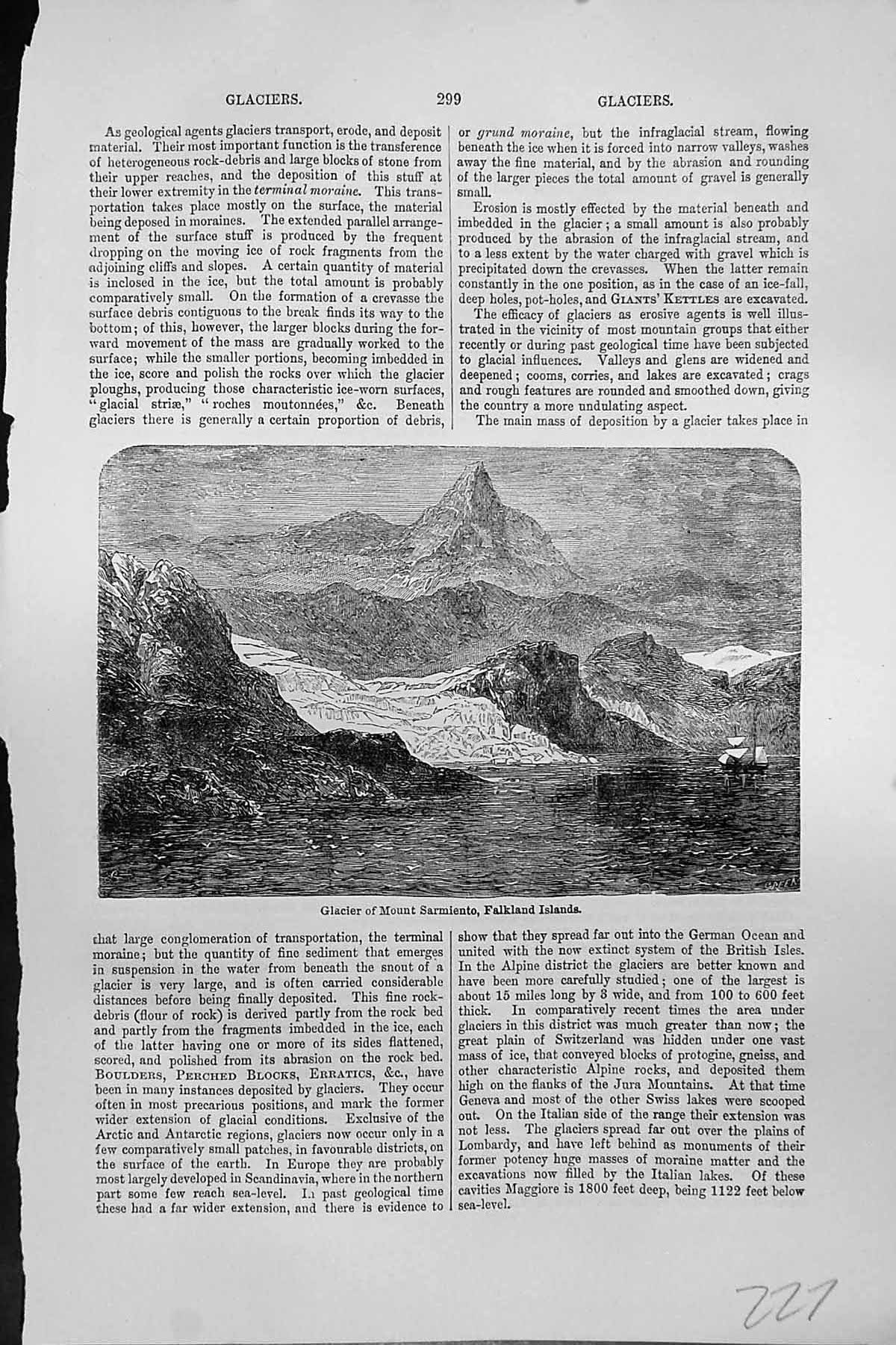 Antique Old Print Mackenzie C1880 Glacier Mount Sarmiento Falkland Islands 19th
