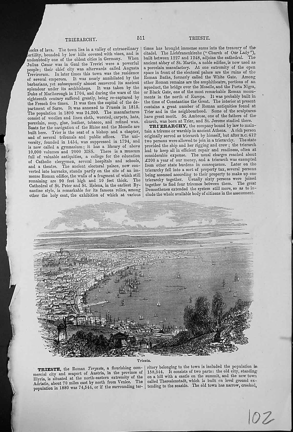 Antique Print Trieste Flourishing Commercial City Seaport Austria Windmill