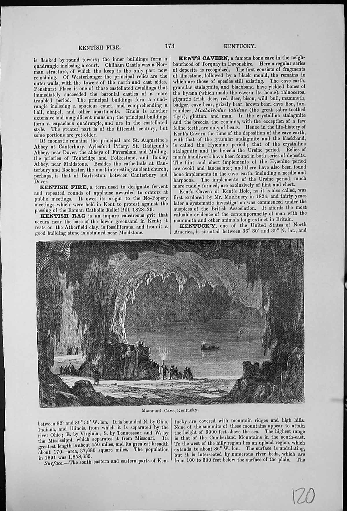 Antique Old Print Mammoth Cave Kentucky Limestone Cavern Boat Torches People