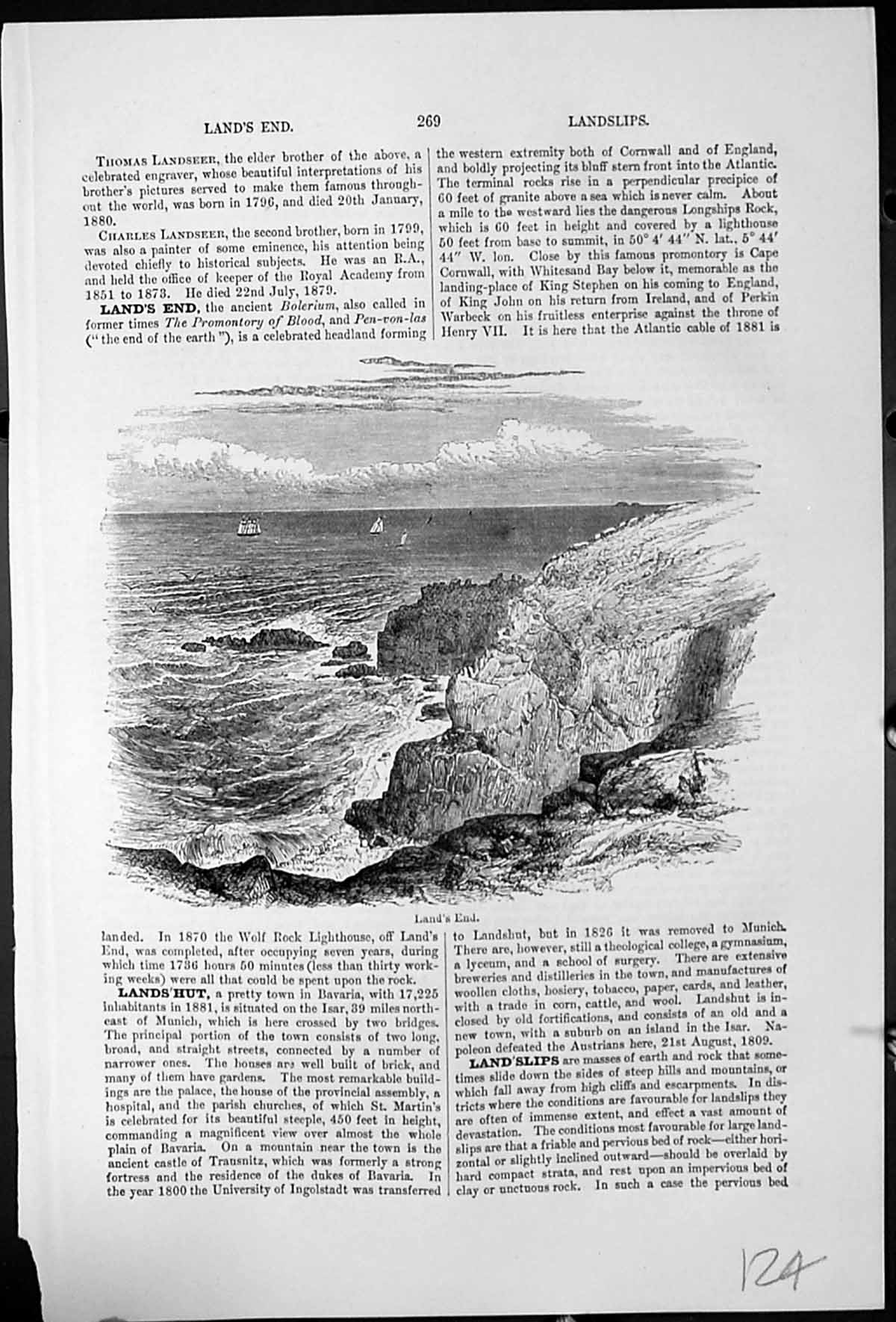 Antique Print Land'S End Rocks Cliffs Sea Sailing Ships Extremity Cornwall