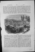 Original Old Antique Print Lausanne View The Town Church Spires Buildings Trees