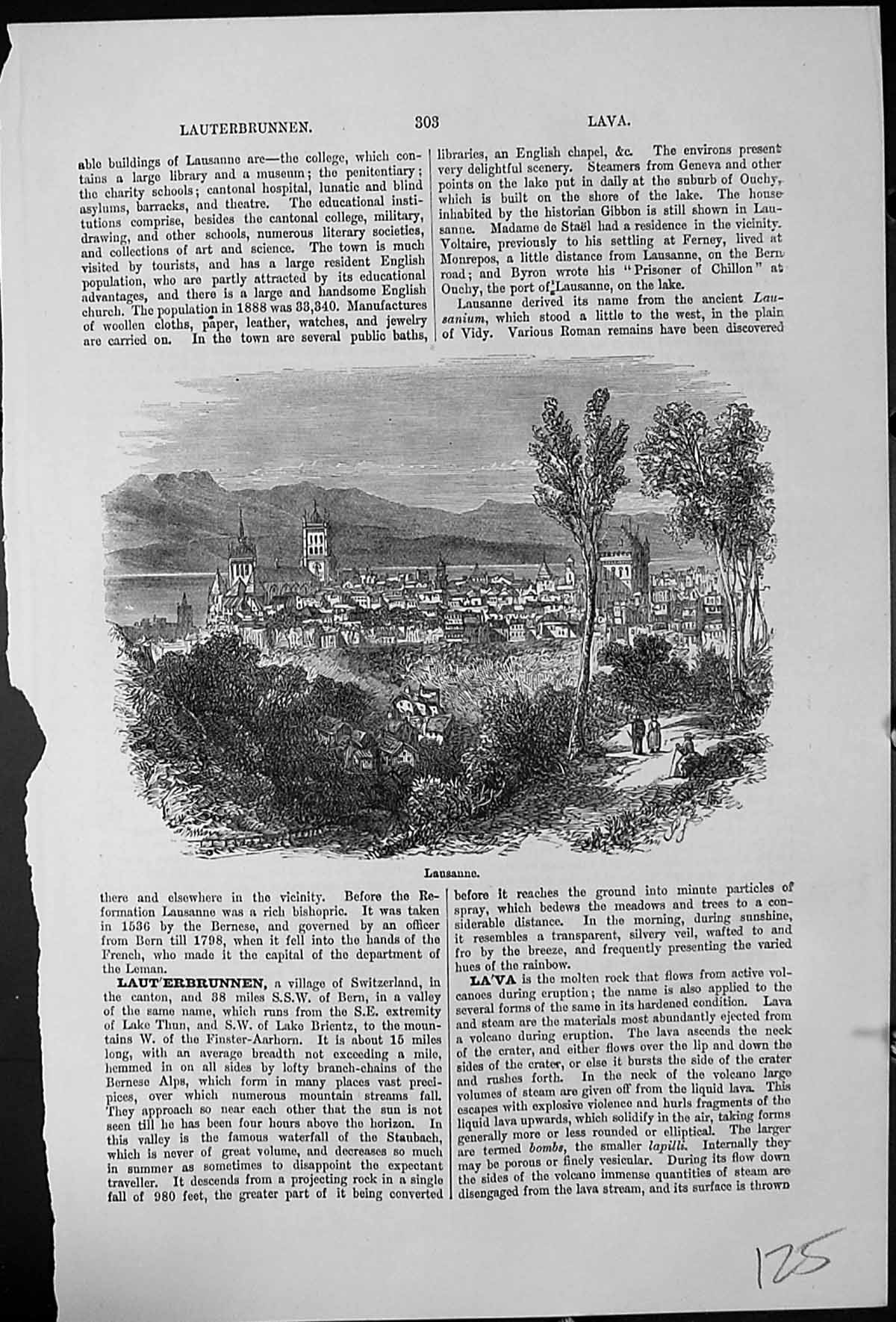 Original Old Antique Print Lausanne View The Town Church Spires Buildings Trees