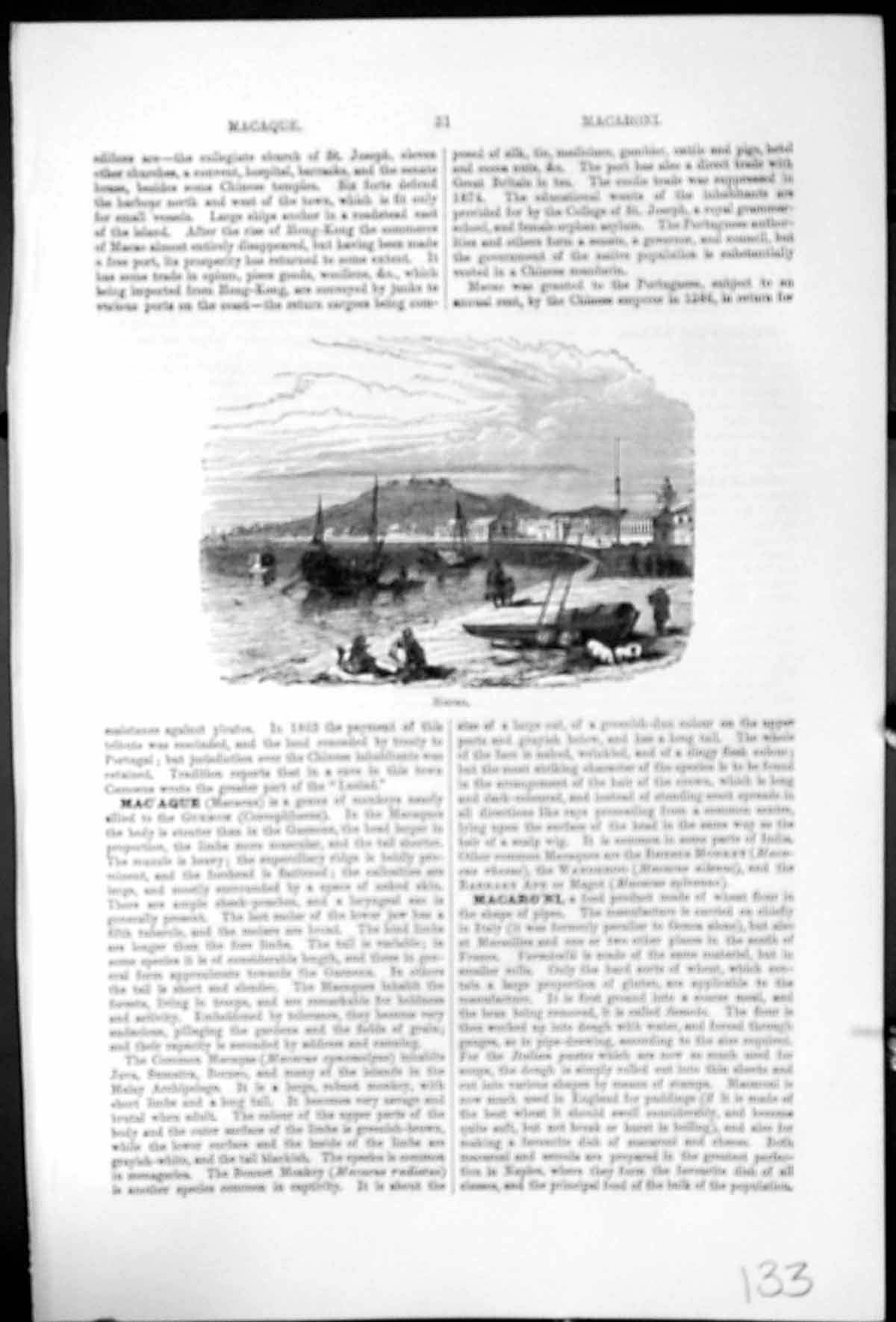 Antique Print Macao View Town From Shoreside Sailing Boats People Buildings