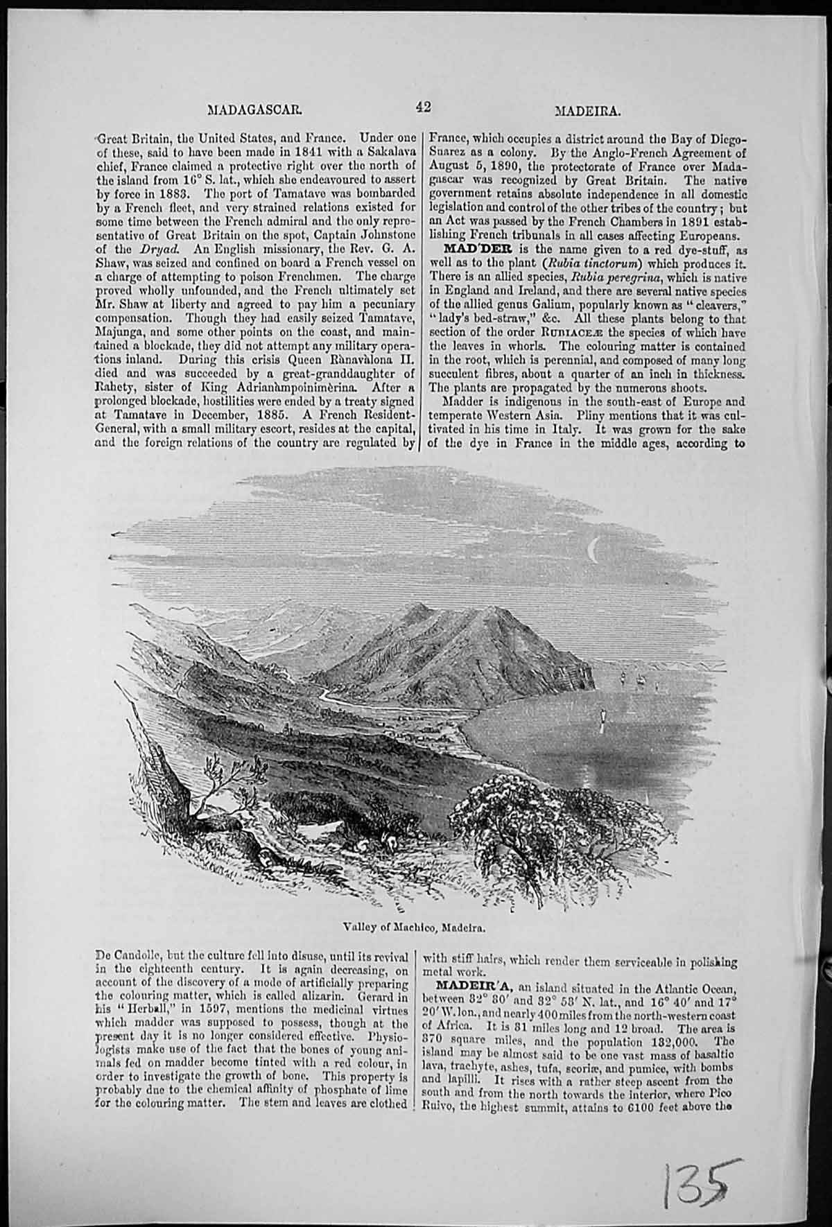 Antique Old Print Valley Machico Madeira Steep Ascent From Sea Sailing Ships
