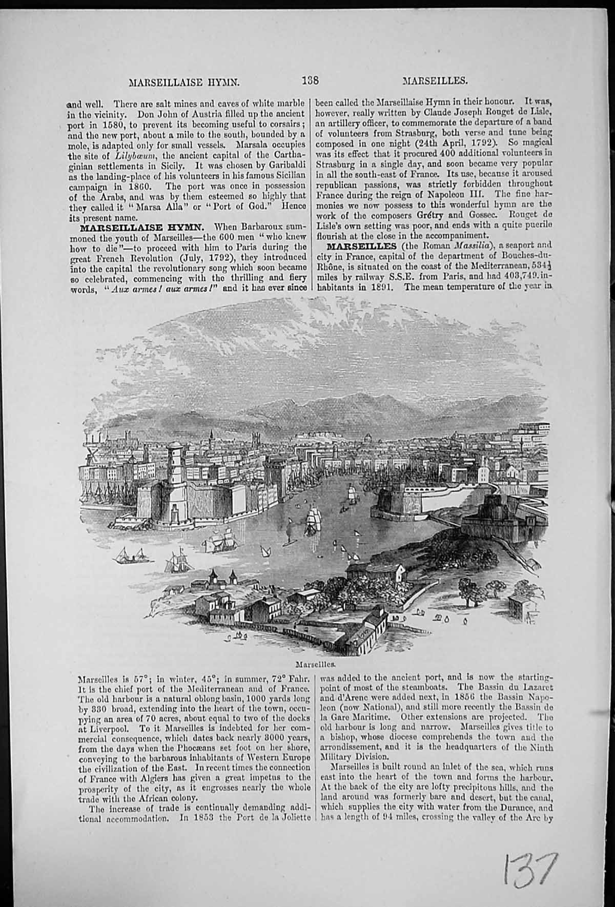 Old Print Marseilles French City Seaport Ships View Buildings Waterfront