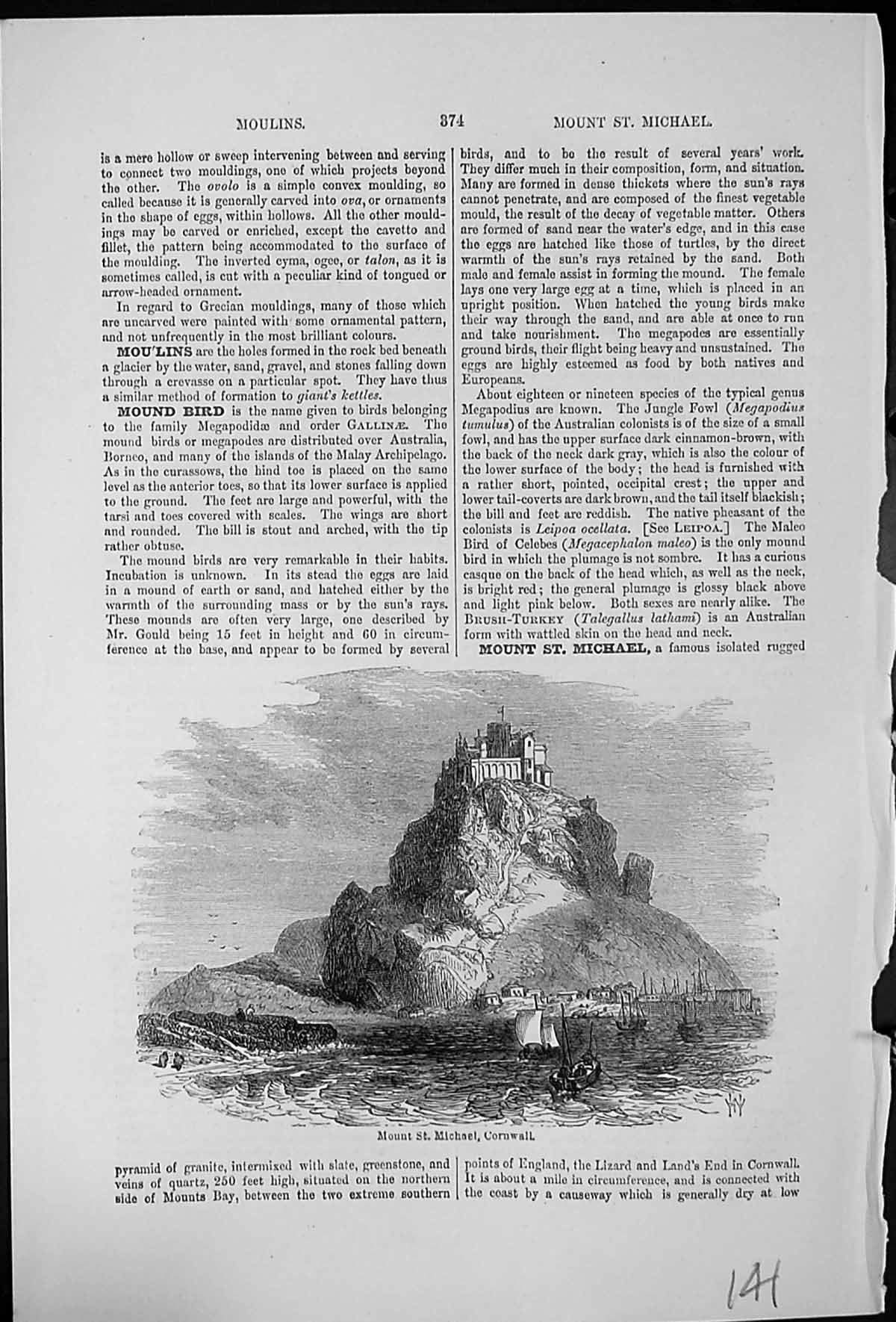 Antique Old Print Mount St Michael Cornwall Rugged Pyramid Granite Sail Ships