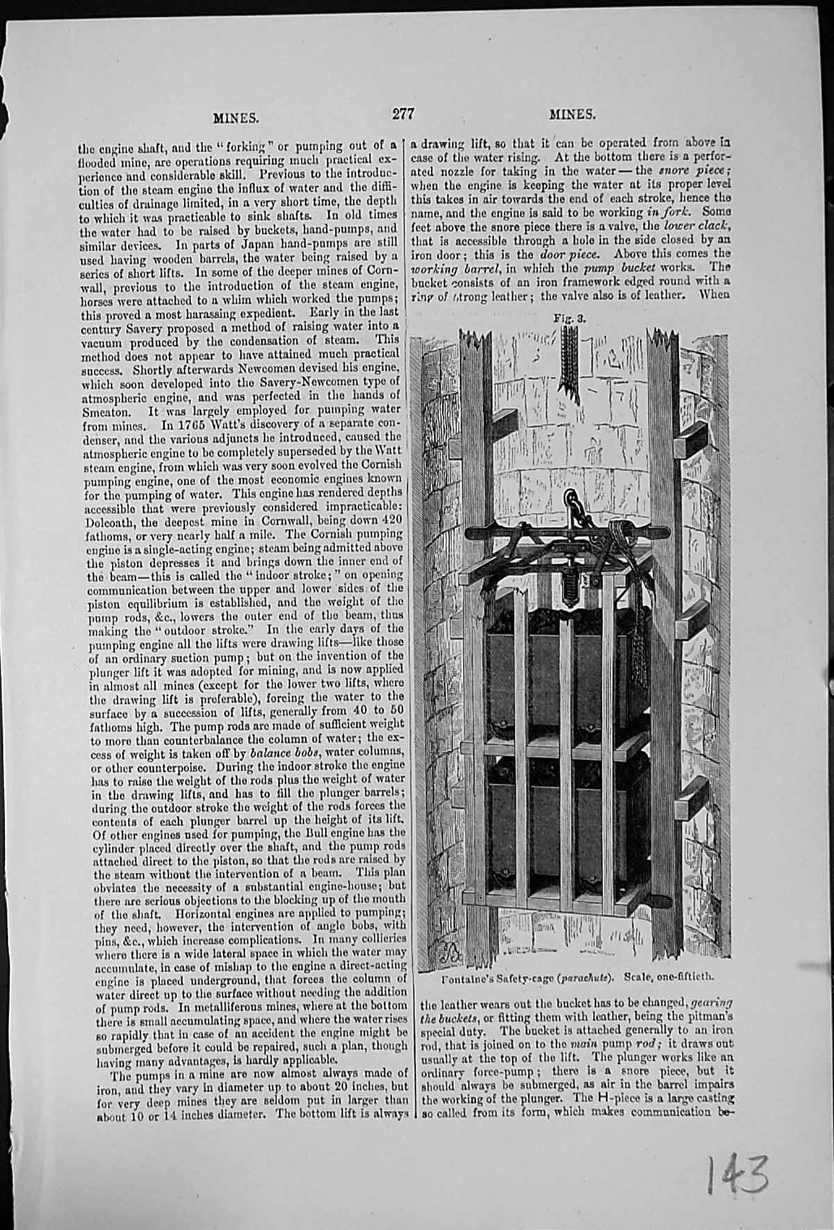 Antique Old Print Fontaine'S Safety Cage Parachute Mines Coal Leather Iron