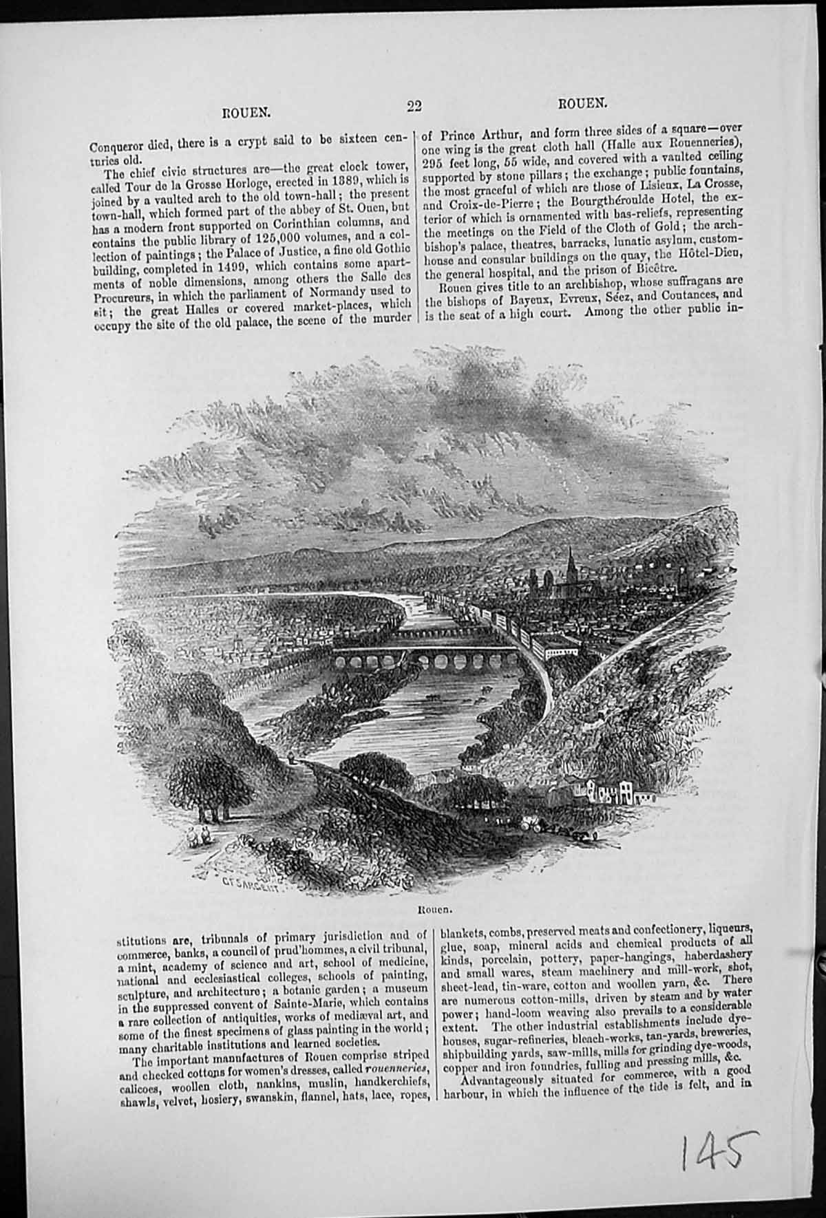 Antique Old Print Rouen View Town Over The River Bridges Hillsides Buildings