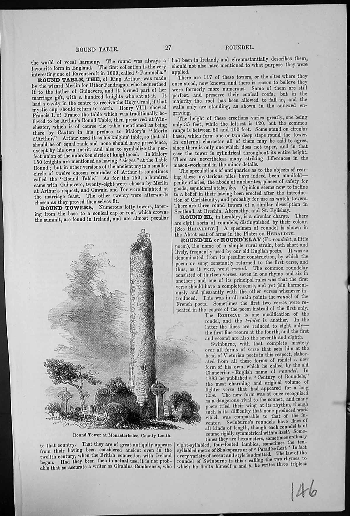 Antique Old Print Round Tower At Monasterboice County Louth Ireland Graveyard