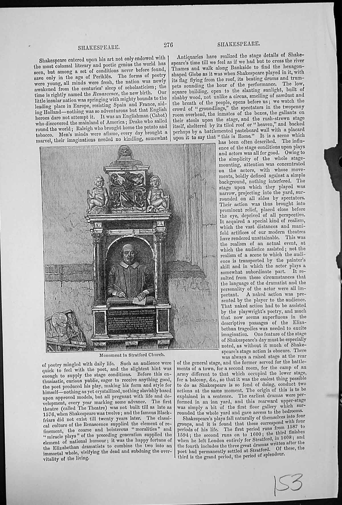 Old Antique Print Monument In Stratford Church Shakespeare Bard Quill Pen