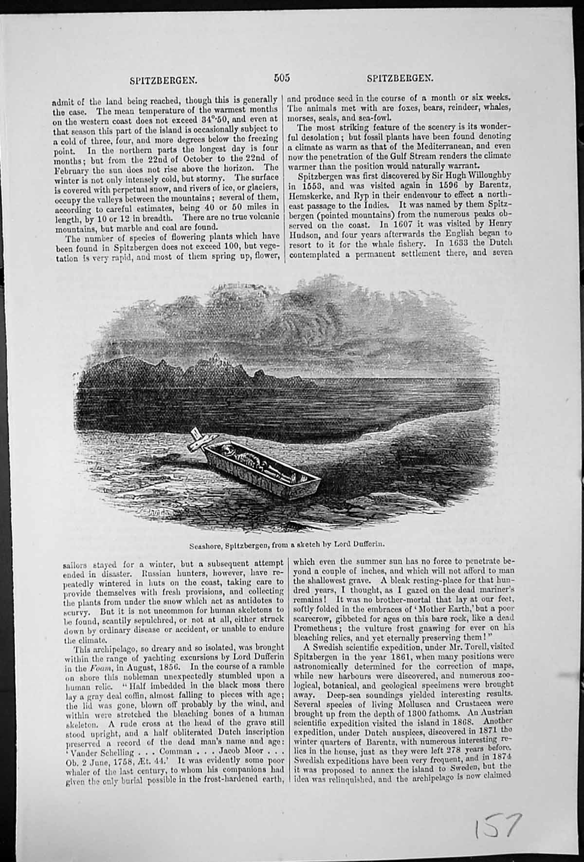 Antique Old Print Seashore Spitzbergen From Sketch Lord Dufferin Body Coffin