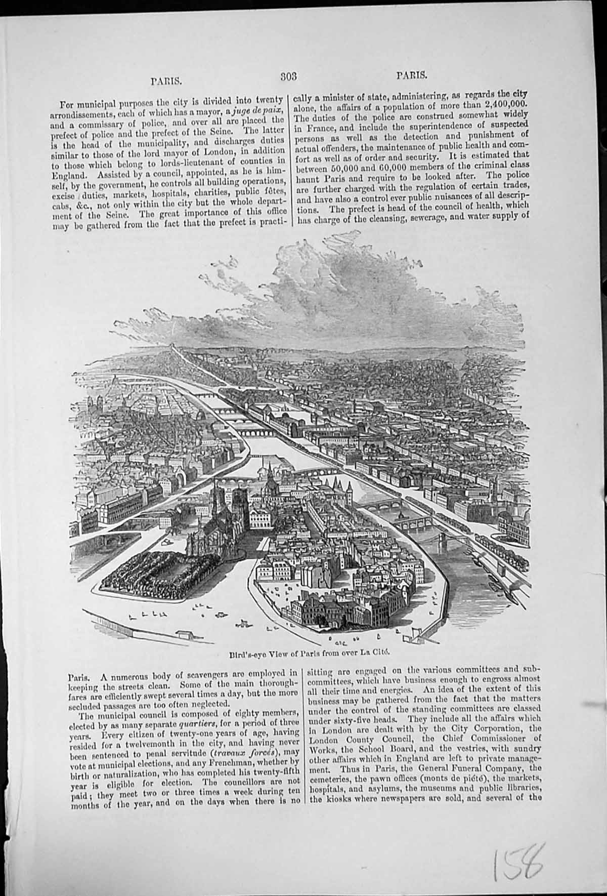 Old Bird'S Eye View Paris From La Cite River Seine Bridges Buildings