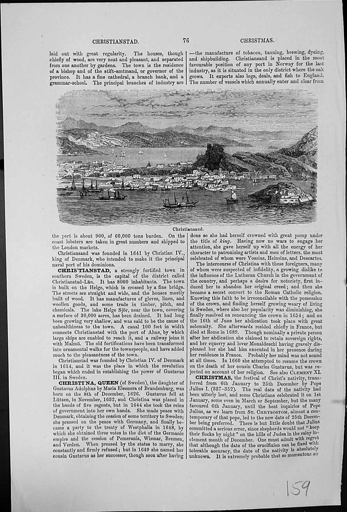 Old Antique Print Christiansand Strongly Fortified Town Southern Sweden