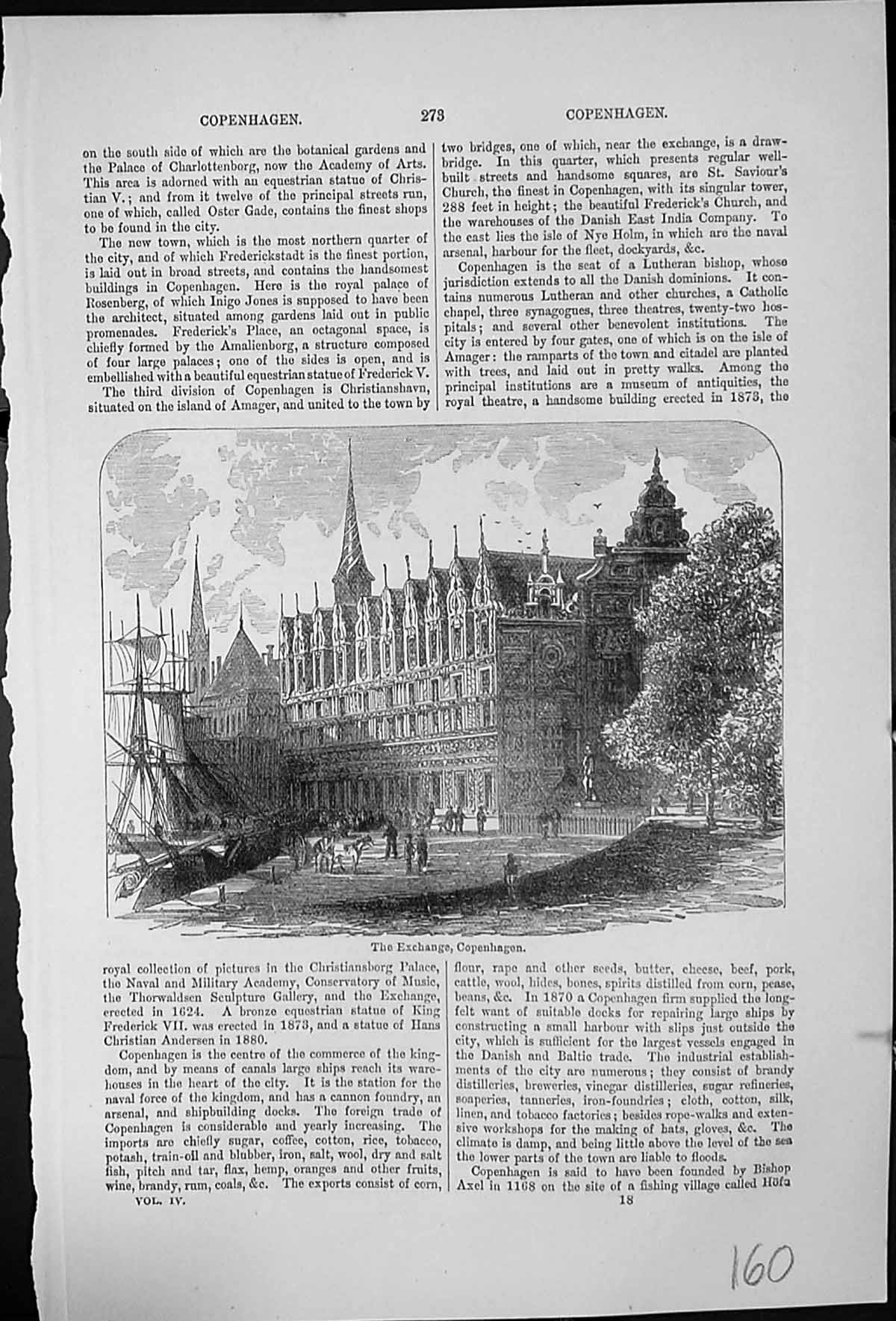 Antique Old Print The Exchange Copenhagen Sailing Ship Harbour Adjacent Trees